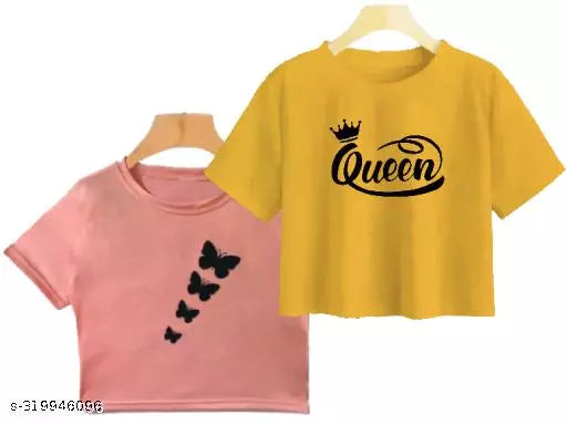 Trendy Feminine Printed Crop Tshirt Round Neck Top For Womens (Combo2)