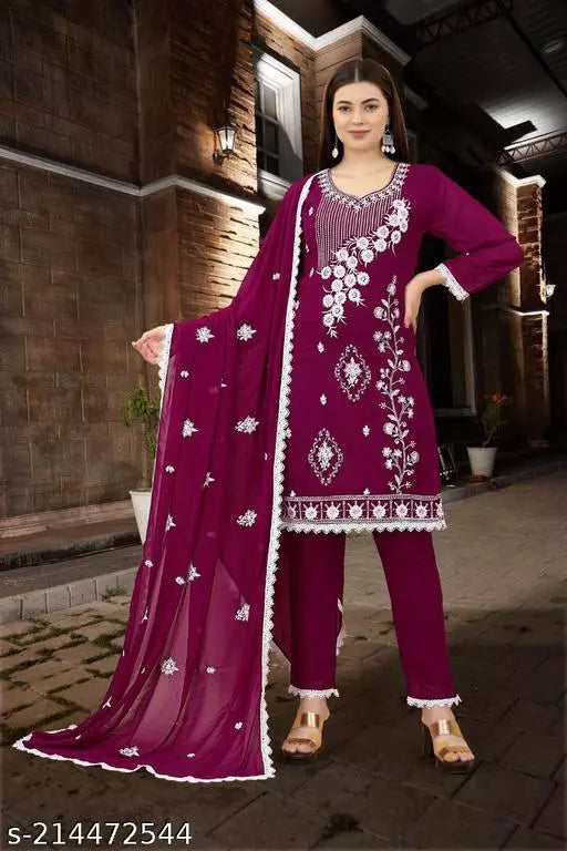 Women's Faux Georget Embroidery Work Unstiched Top Bottom and dupatta
