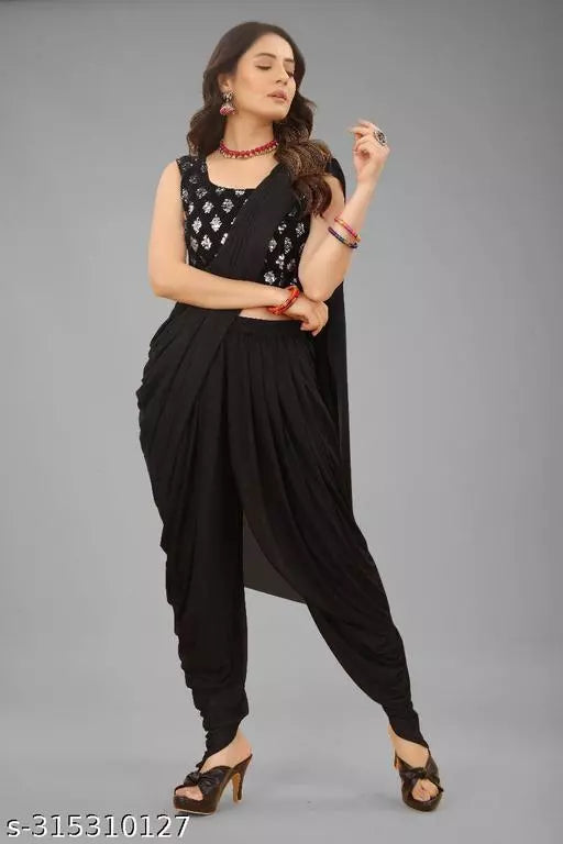 Ready To Wear Lycra Dhoti Style Fancy Party Wear Sarees Black Colour Sarees with sequance blouse BY Kraddle