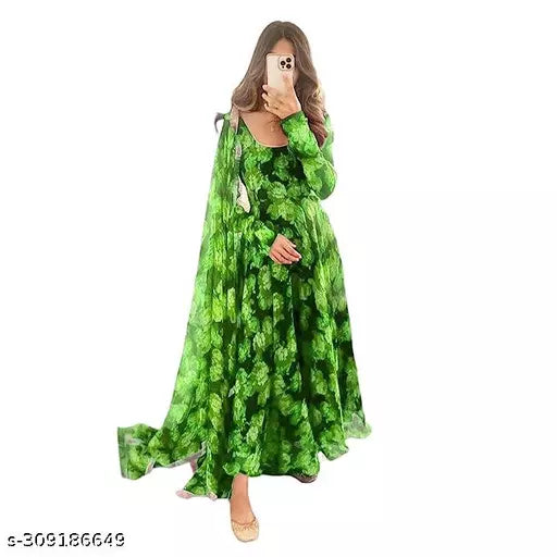 QVAZOR Stylish Fancy Trendy Printed Georgette Gown For Women For Party Wedding Festival Functions
