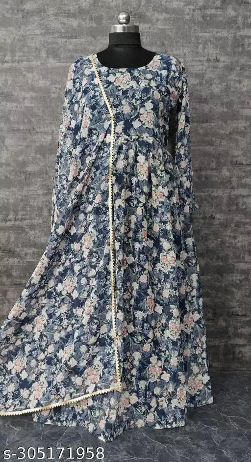 QVAZOR Stylish Fancy Trendy Printed Georgette Gown For Women For Party Wedding Festival Functions