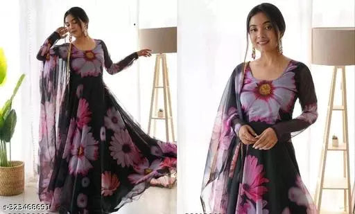 PRINTED ORGANZA LONG GOWN WITH DUPATTA