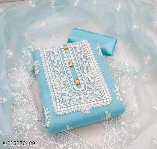 Women's Aqua Blue Floral Embroidered Organza Suits & Dress Materials