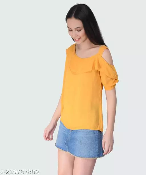Vivient Women Mustard Cold Shoulder Rayon Top