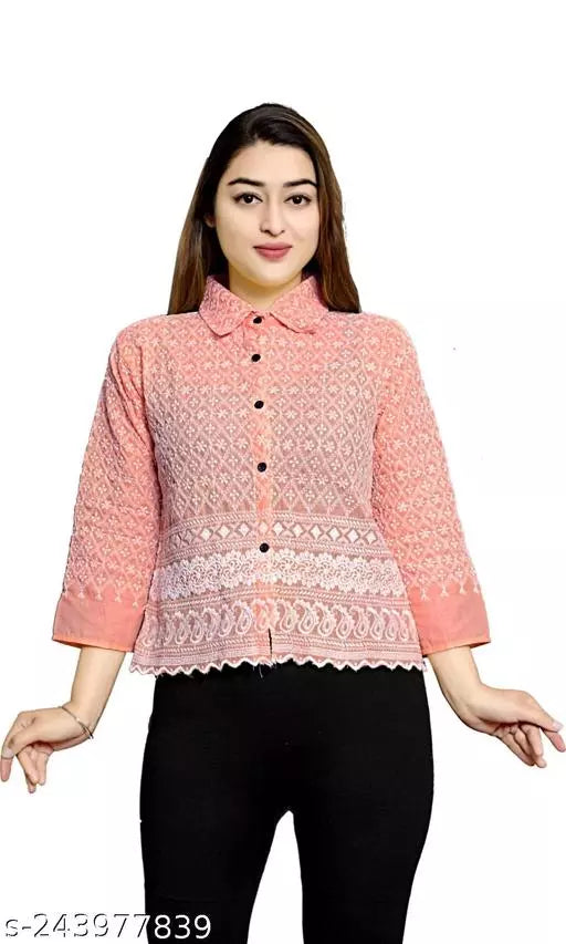 Modern Classic: Women's Spread Collar Shirt with Intricate Embroidery Crop_Shirt