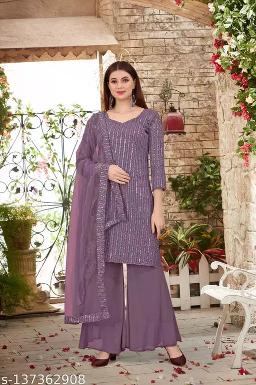Women's Faux Georgette Sequence Embroidery Work Unstitched Top With Full Stitched Sharara and dupatta