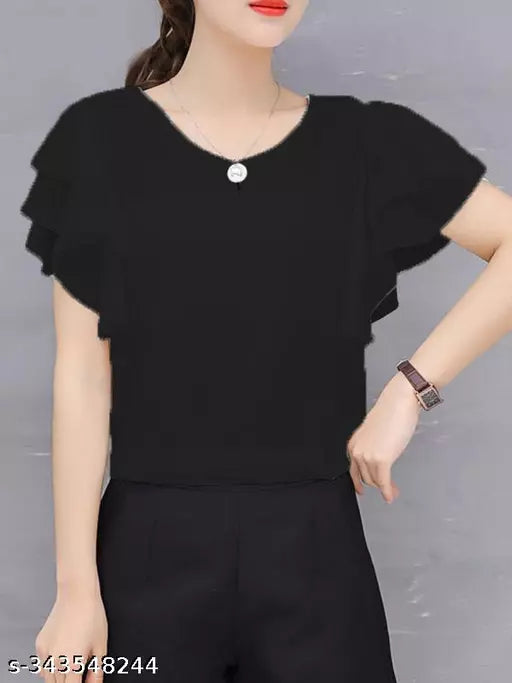 Vivient Women Black Neck Button Geogette Top