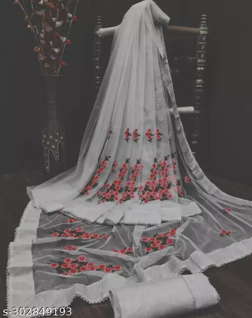 Net sarees with beautifull Embroidered work and unstiched Blouse pieces with all over border fancy moti work Grey Colours