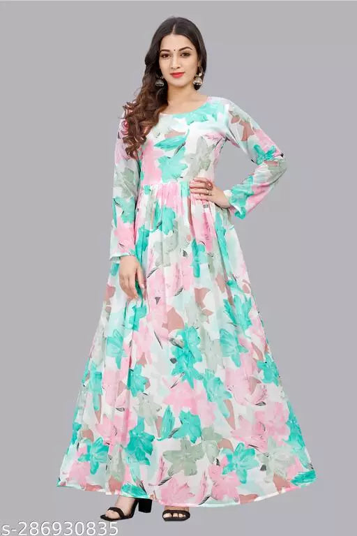 QVAZOR Stylish Fancy Trendy Printed Georgette Gown For Women For Party Wedding Festival Functions