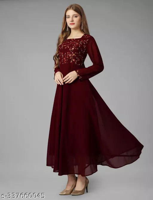 Exquisite Georgette Long Dress - Elegant Party Wear Maroon Gown for Women and Ladies