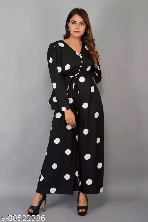 Full Sleeves Wide Leg Polka Printed Jumpsuit For Women