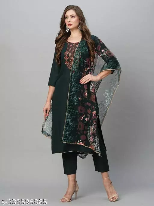 Anni Designer Women's Dark Green Cotton Blend Straight Embroidered Kurta With Trousers & Dupatta