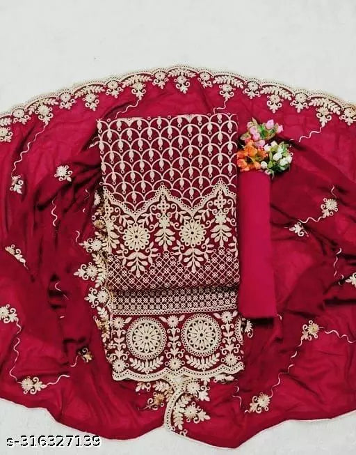 Women's Super Festival Wear Red Floral Patiala Embroidered Sequence Work Georgette Salwar Suit & Dress Materials