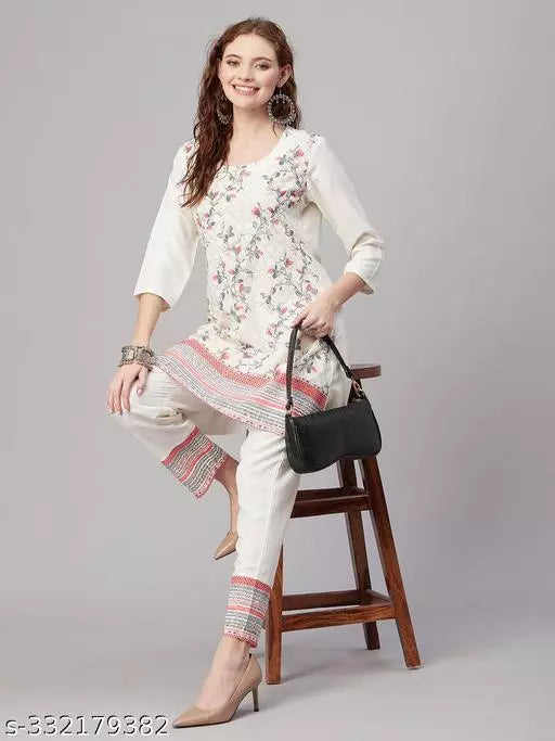 Anni Designer Women's White Cotton Blend Printed Straight Kurta With Trousers