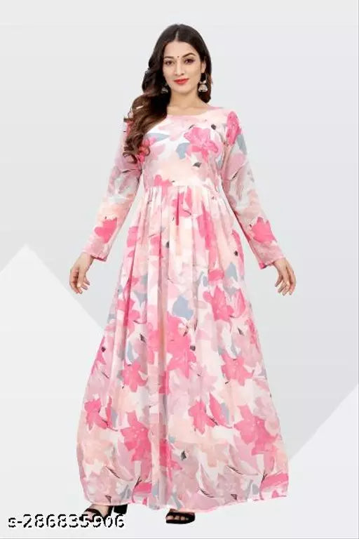 QVAZOR Stylish Fancy Trendy Printed Georgette Gown For Women For Party Wedding Festival Functions