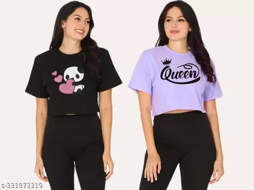 Trendy Feminine Printed Crop Tshirt Round Neck Top For Womens(Pack Of 2)