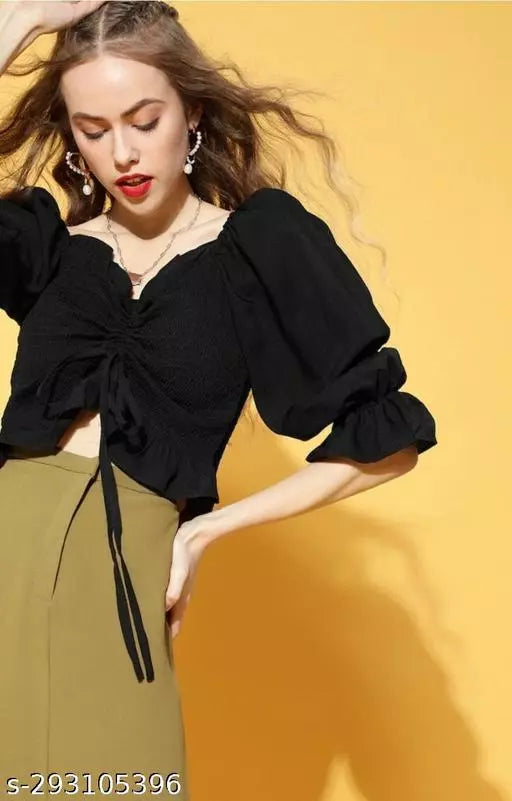 Stunning Georgette Smocked Waist Dress with Puff Sleeves and Sweetheart Neck in Black