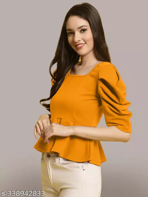 Women Square Neck Puff Sleeves Peplum Top (Women Top Women Tops To