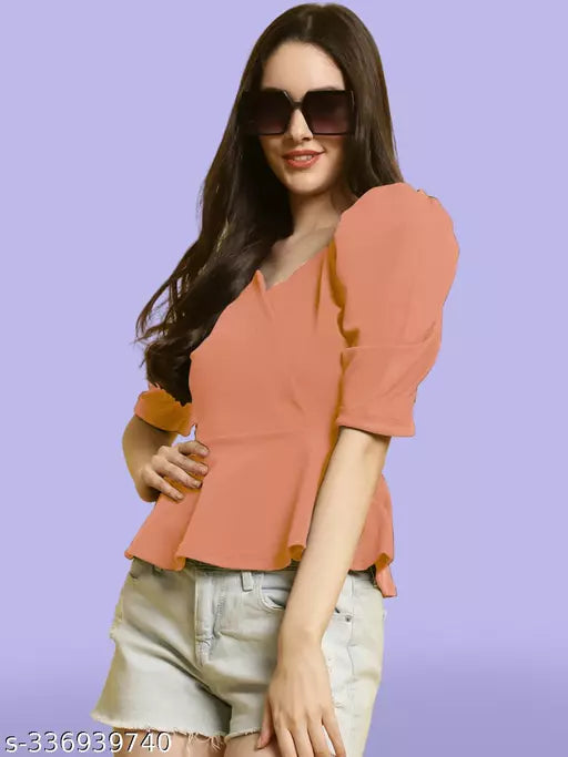 Sweetheart Neck Puff Sleeves Peplum Top (Women Top | Women Tops | Top)