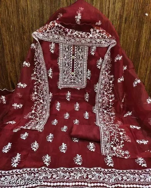 Women's Designer Chainstich Embroidered Multiwork Double Sequence Red Floral Embroidered Organza Suits & Dress Materials