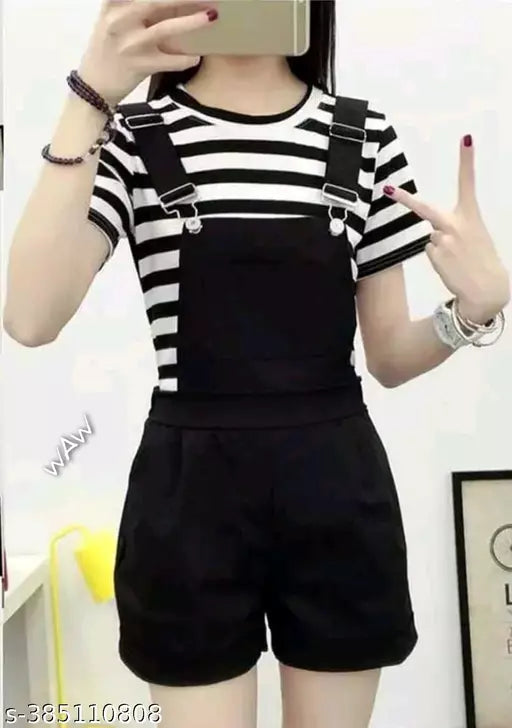 Women s & Girls Romper Korean Style Dangree With T-Shirt Fabric Cotton Color Black