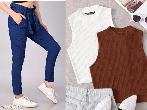 Women & Girl's Stylish 2 Pices White & Coffee Top & Botton Set Round Neck Sleeveless Botton Wear & Top Wear Set