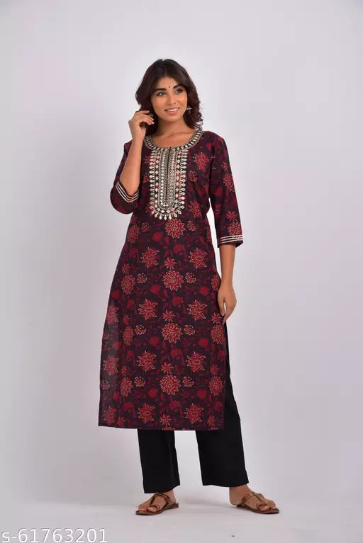 Swasti Women Plus Size Printed Pure Cotton Straight Kurta (Maroon)