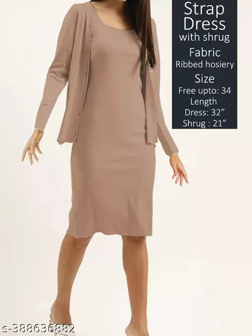 JKP COLLECTION Women & Girl Casual Strap Dress With Shrug Pattern Solid Shrug Lenth 21 Fabric Lycra In Color Beige