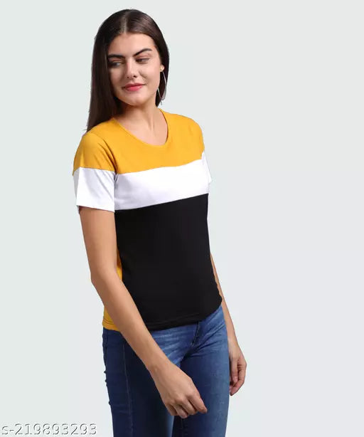 Vivient Women Yellow White Black Colorblocked Tshirt