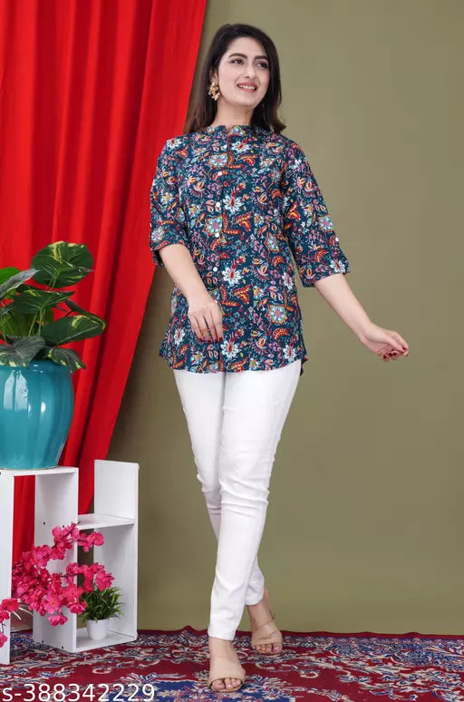 Womens fashion Floral Printed attractive Navy Blue Red flower Rayon Top top shirt style top for women with three quarter sleeves western top for women and girls Cotton/Rayon top Top Top for summer for women top on jeans top n tunic