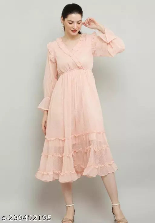 V Neck Long Dress For Women Georgette Fabrie