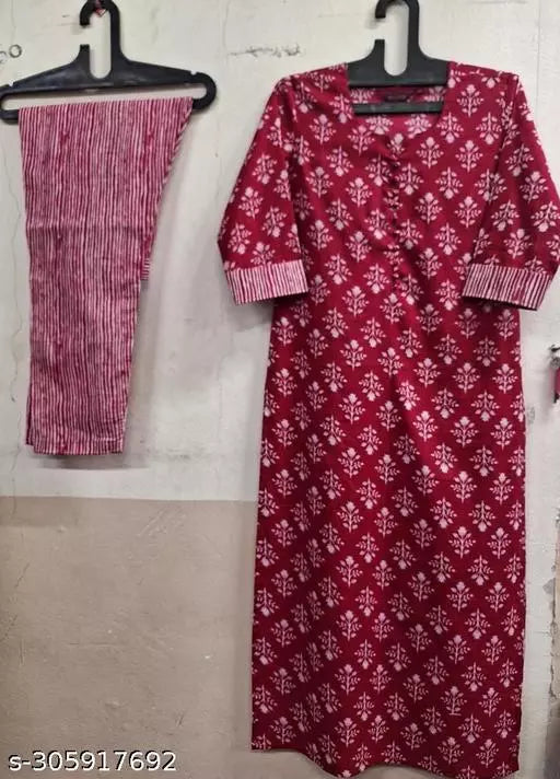 Anni Designer Women's Pink Cotton Blend Straight Printed Kurta with Trouser