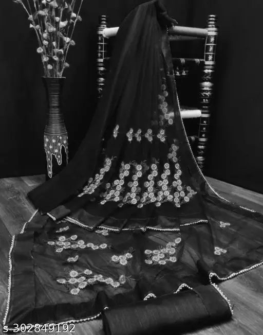 Net sarees with beautifull Embroidered work and unstiched Blouse pieces with all over border fancy moti work Black Colours