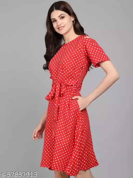Vivient Women Red Colour White Polka Dot Short Dress