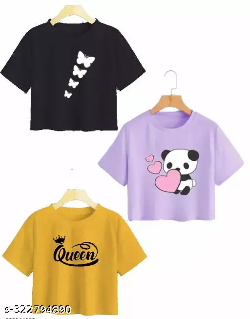 Trendy Feminine Printed Crop Tshirt Round Neck Top For Womens (Combo 3)
