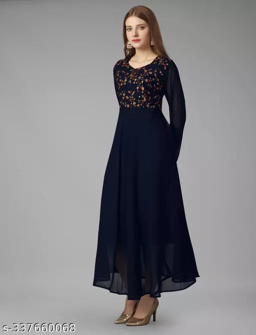 Exquisite Georgette Long Dress - Elegant Party Wear Navy Blue Gown for Women and Ladies