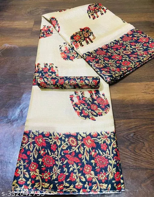 ELEPHANT PRINTED KHADI SILK BLENDED LIGHT WEIGHT COMFERTABLE WEAR SAREE WITH BLOUSE