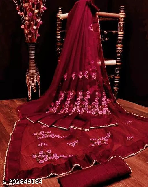 Net sarees with beautifull Embroidered work and unstiched Blouse pieces with all over border fancy moti work Maroon Colours