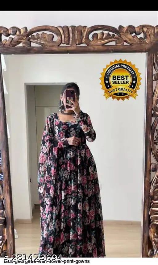 women printed long gown with dupatta