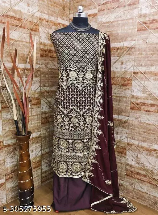 Women's Double Heavy Georgette Embroidered blooming concept in salwar suit & Dress Materials Brown colour