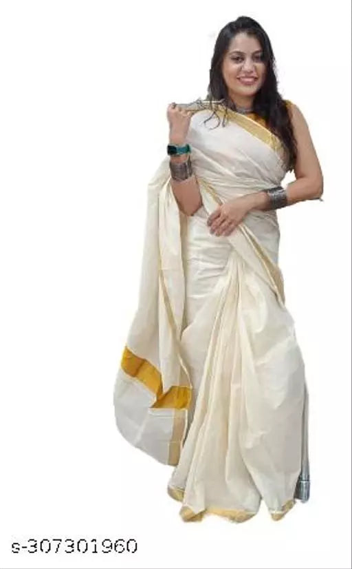 REAL HAND WOOVEN PURE COTTON KERALA KASAVUE ZARI 2 BY 3 SAREE WITH UNSTICHED BLOUSE COLOR CREAM BEIGE / GOLD COLOR ZARI 2 BY 3