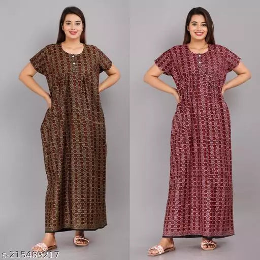 Geeta Fashion Women's Cotton Printed Nighty For Women Maxi For Nighty For Women Combo(Pack Of 2)