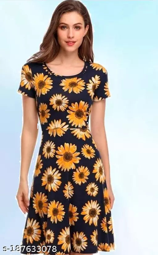 Vivient Women Yellow floral printed Black short dress