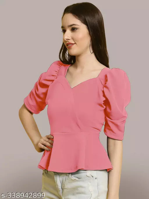 Sweetheart Neck Puff Sleeves Peplum Top (Women Top | Women Tops | Top)