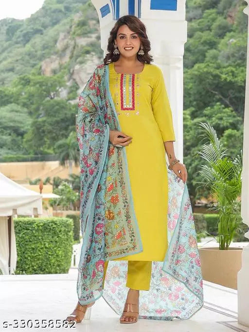 Anni Designer Women's Yellow Cotton Blend Solid Kurta with Trouser & Dupatta
