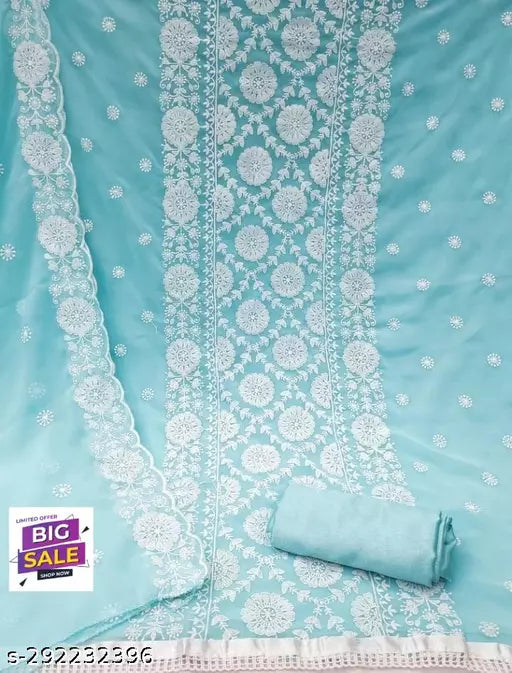 New Hit Fancy Embroidered Double Layer Thread work Unstiched Salwar Suits & dress Materials Aqua Blue Colour