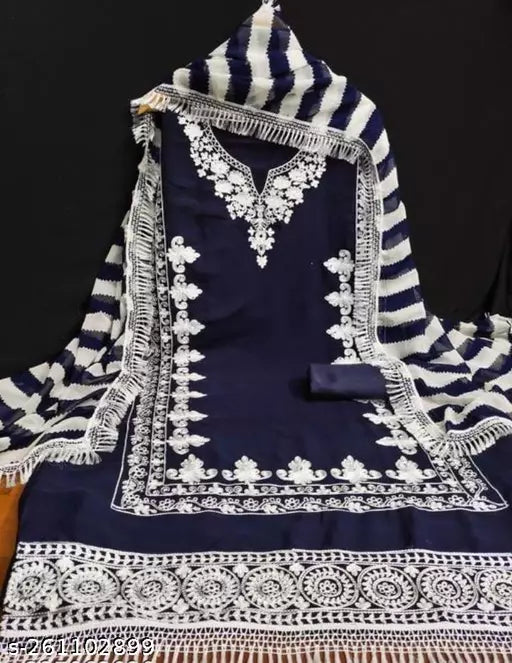 Unstiched Patiala Georgette Suits With Beautifull Chainstich Work Blue Suit