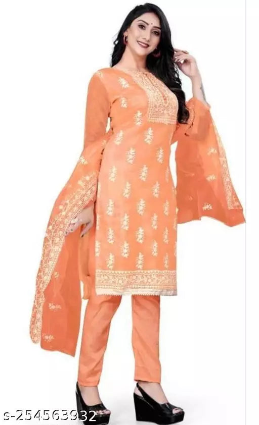 WOMEN'S FLORAL PEACH COLOUR NEW ARRIVAL ORGANZA SUIT WITH EMBROIDERED DOUBLE MULTI WORK DRESS MATERIAL SUIT