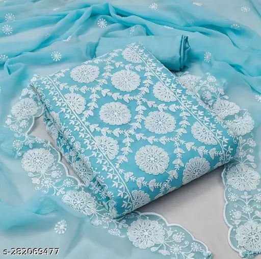 New Fancy Embroidered Double Layer Thread work Unstiched Salwar Suits & dress Materials Aqua Blue Colour