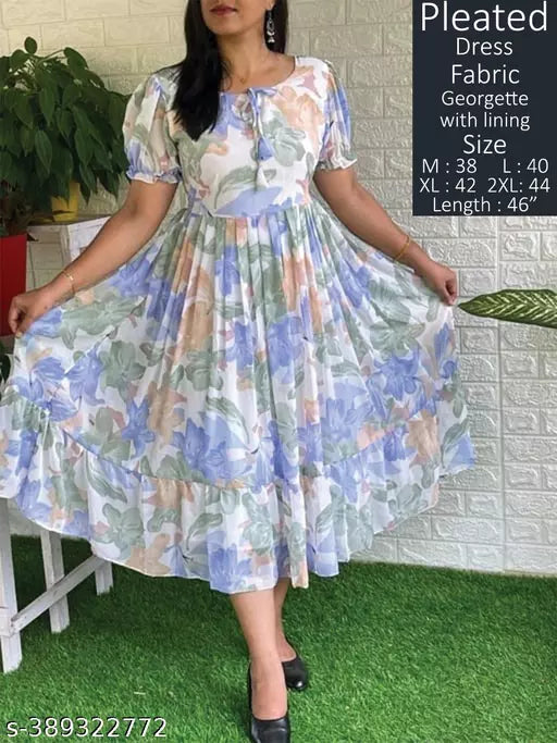 JKP COLLECTION Women & Girl Casual Floral Print Half Sleeve Georgette Fabric New Dress In Color Blue